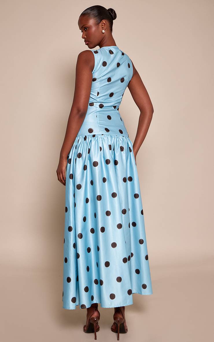 Bleu Robe Longue Taille Basse Boutonnée À Pois