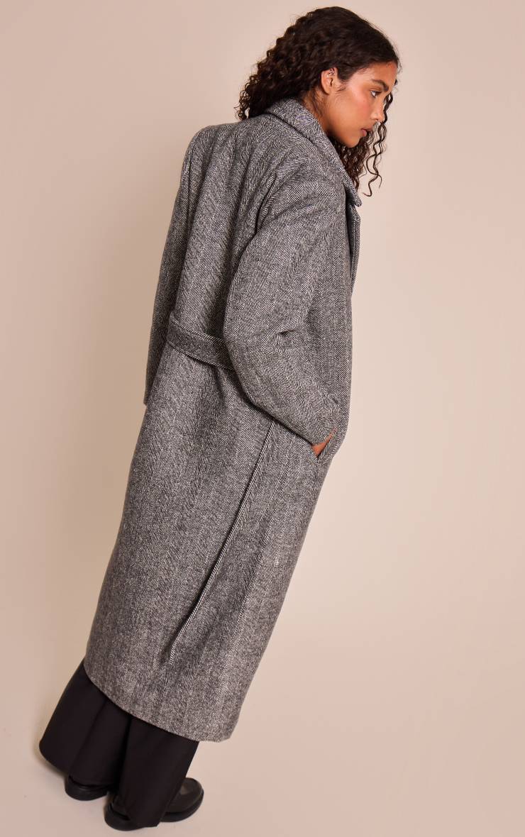 Gris Manteau Long À Chevrons Avec Ceinture À Nouer À La Taille