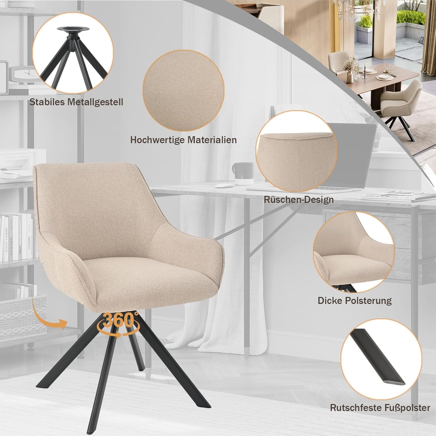 Esszimmerstühle Drehbar 2er Set mit Armlehne – 360°Drehbar Polsterstuhl Leinen Modern Drehstuhl Küchenstuhl mit Metallgestell und Rückenlehne für Esszimmer, Wohnzimmer, Büro, Beige