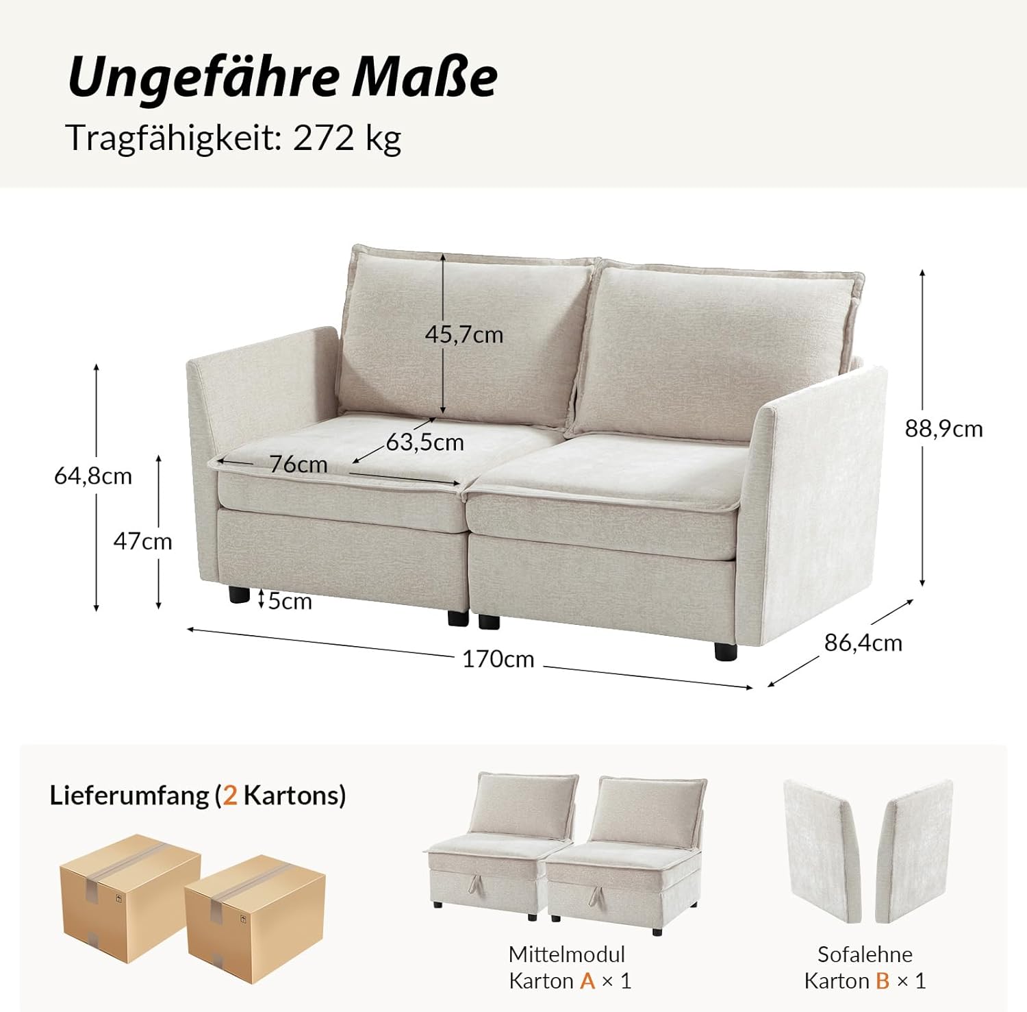 HULALA HOME Modulares XXL 2-Sitzer Sofa mit verstecktem Stauraum 170 cm Couch mit Extrabreite Sitzflächen, frei kombinierbar & waschbare Bezüge, Beige