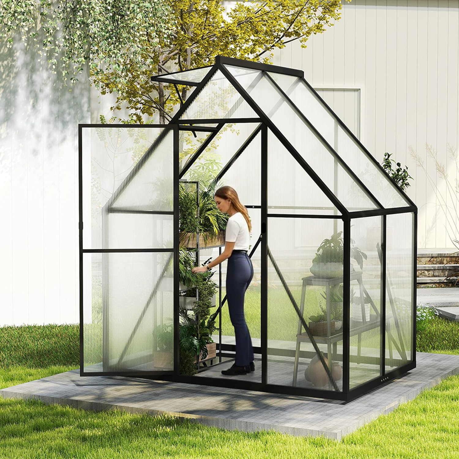 Gewächshaus Aluminium Treibhaus mit Transparent PC Platten Dachfenster & Tür & Fundament 125x180x195cm Winterfest Gartengewächshäuser Begehbares Pflanzenhaus für Garten Outdoor
