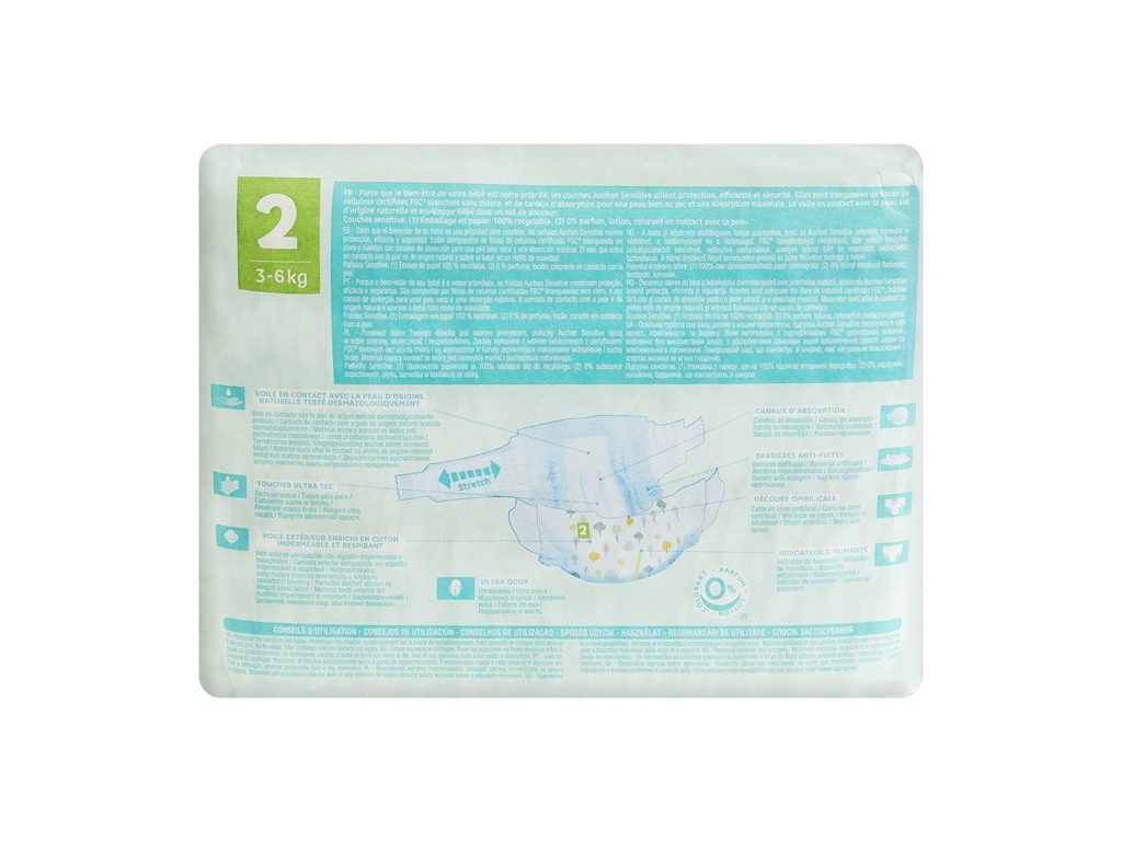 FRALDAS AUCHAN BABY SENSITIVE ECOLÓGICAS TAMANHO 2 3-6KG 30UN