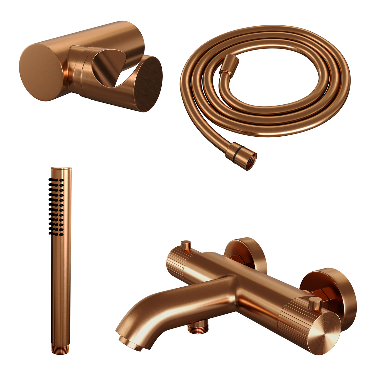 Brauer Stripe thermostatische badkraan met wandhouder en staafhanddouche koper geborsteld PVD