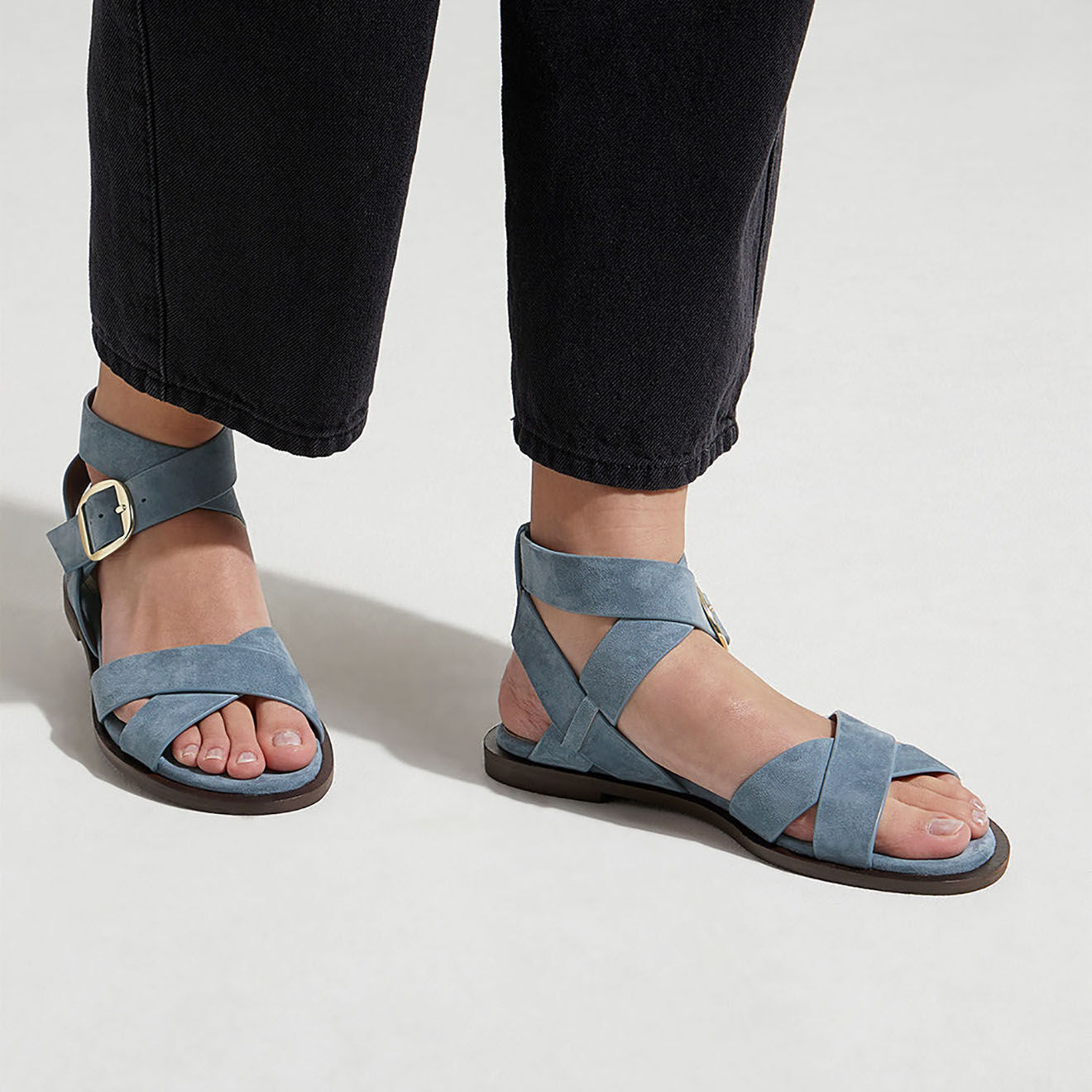 Galeries Lafayette Sandales à talon en Cuir bleu jean - Talon 7 cm