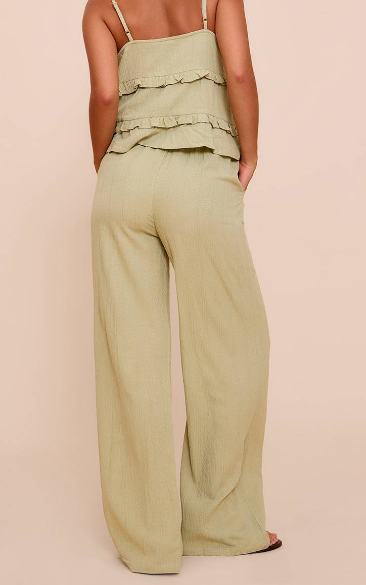 Sage Khaki Pantalon Large Taille Mi-haute Texturé