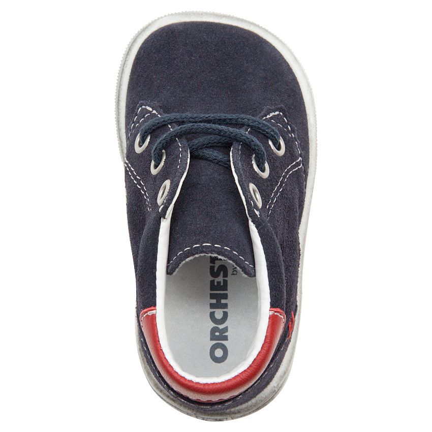 Bottillons en cuir suédé à lacets avec touches de rouge - Bleu marine