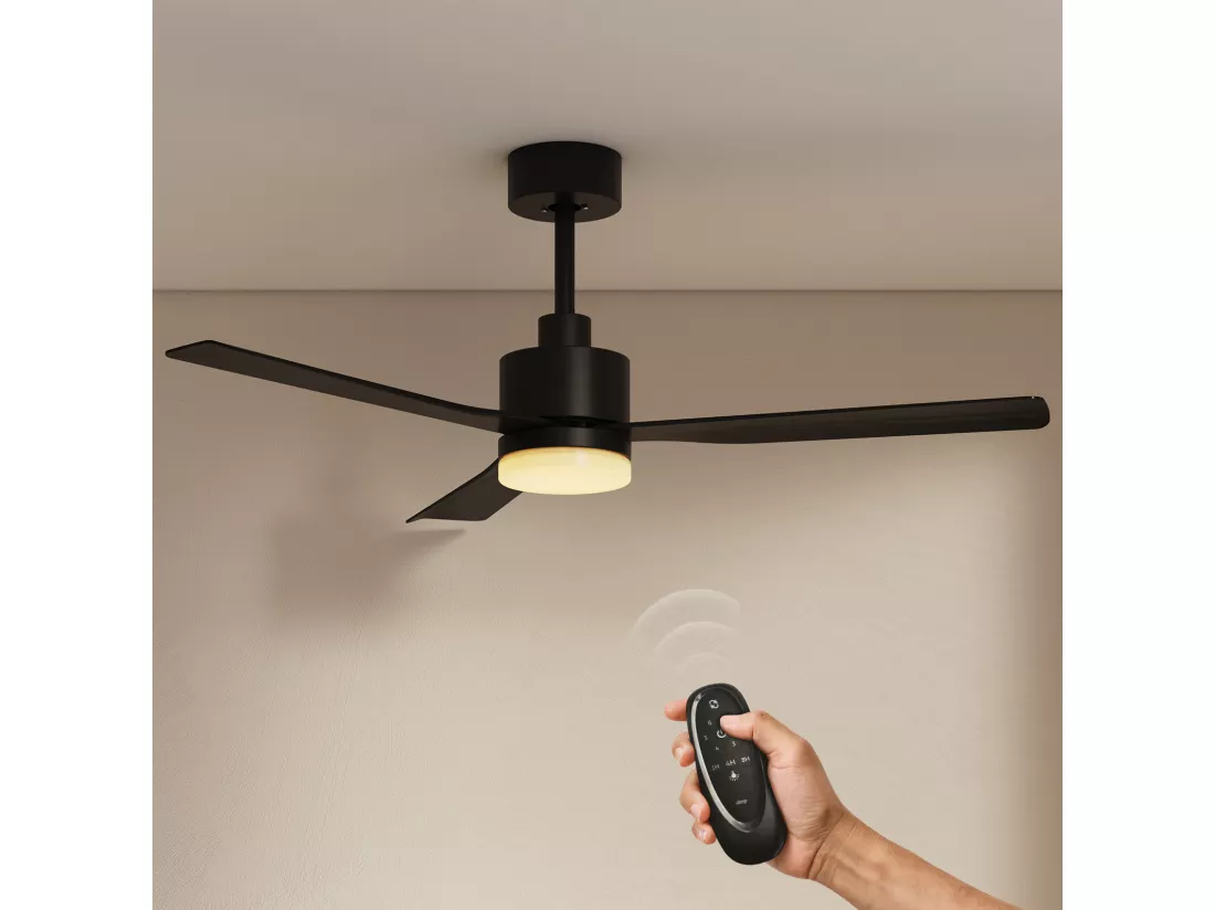 EMKE Ventilateur de Plafond avec Éclairage et Télécommande, 3 Pales en ABS, Noir, 6 Vitesses, Minuterie et Mode Sommeil, 3 Couleurs de Lumière