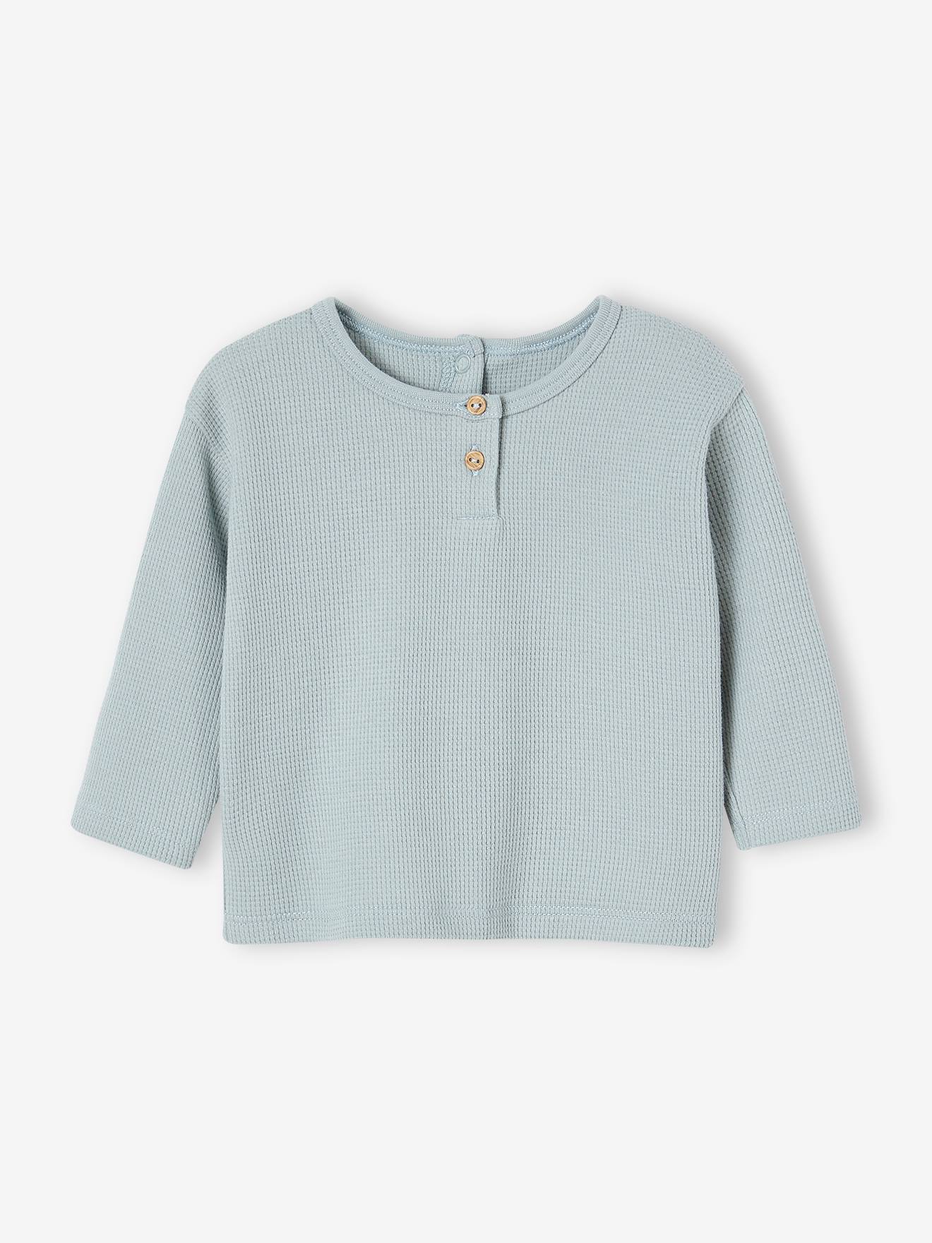 Camiseta infantil estilo tunisiano com ponto favo de mel, verde água