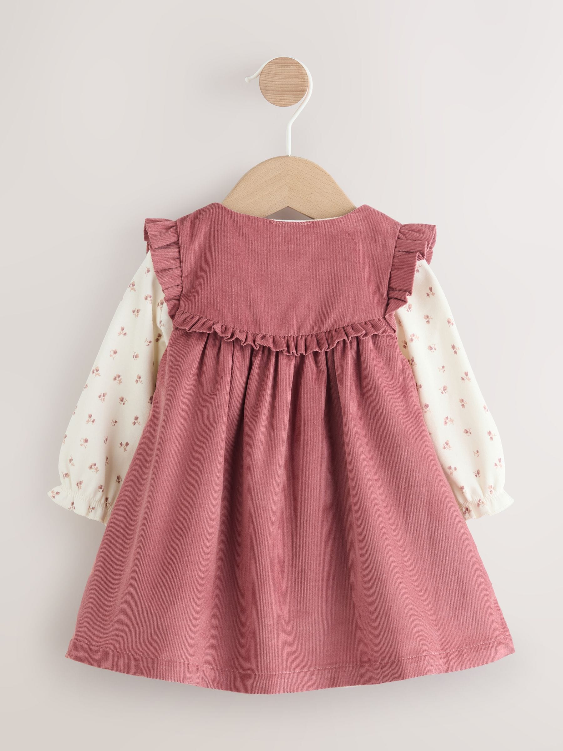 Roze met borduursel - Set van corduroy pinafore, bodysuit met lange mouwen en maillot voor baby's (0mnd-2jr)