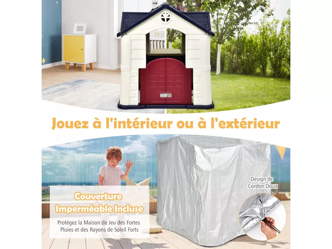 Cabane de Jardin pour Enfant - Table de Pique Nique, Maison Enfant Exterieur -Thème Burger Bar - en Plastique 164x124x132 cm Bleu