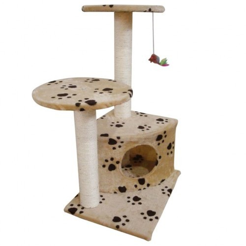 Arranhador bege para gatos com pegadas de patas.