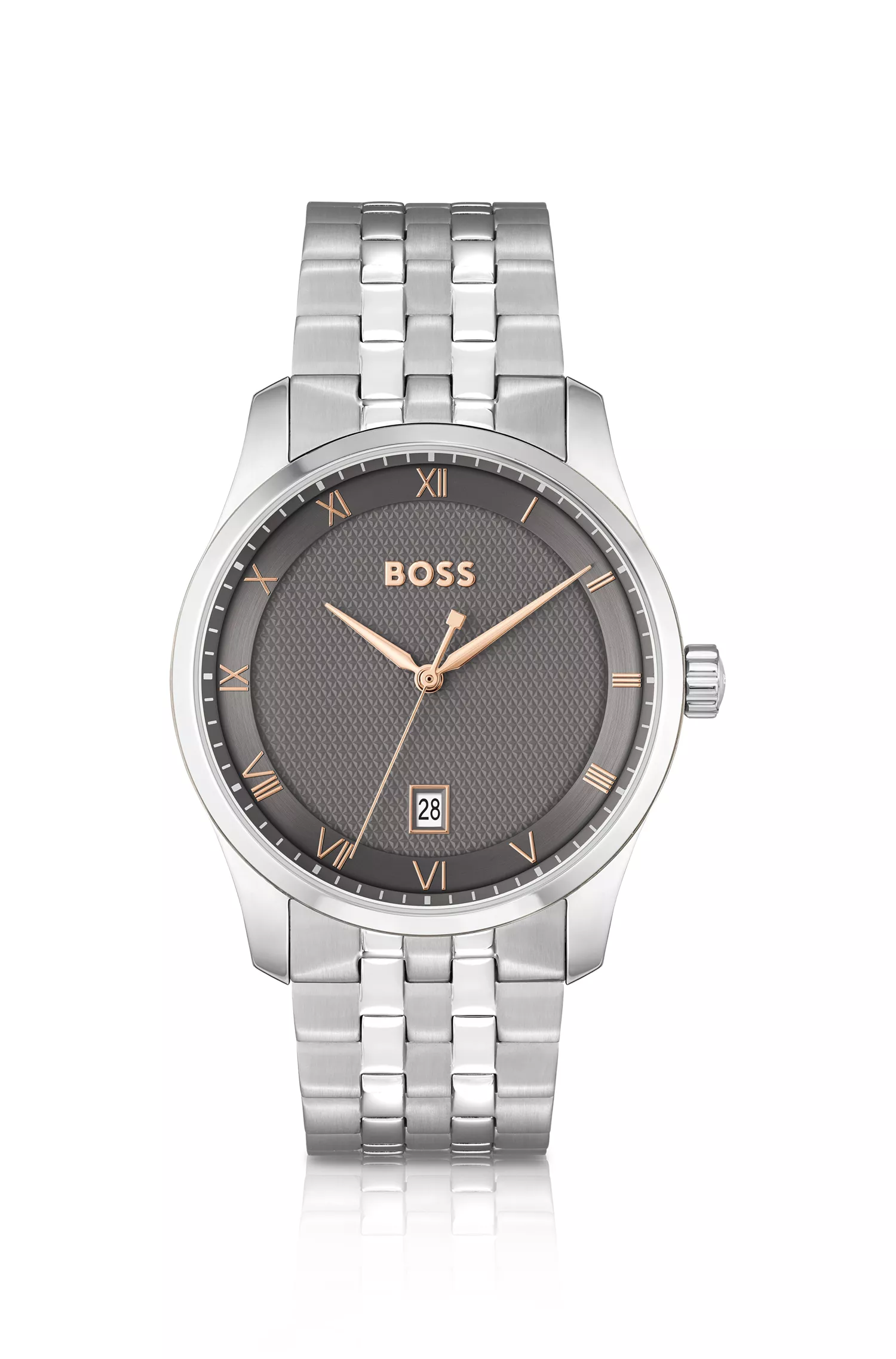 Relógio BOSS com pulseira de elos pretos e mostrador cinza com padrão.