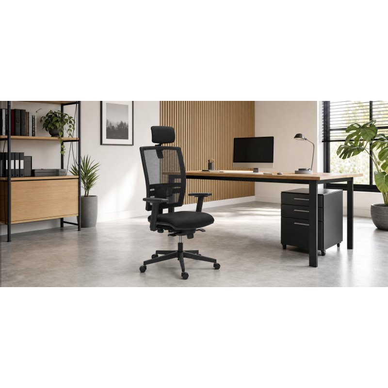 Chaise de bureau Bruneau Activ' Tissu et maille - Dossier haut avec soutien lombaire - Avec têtière - Pieds noir