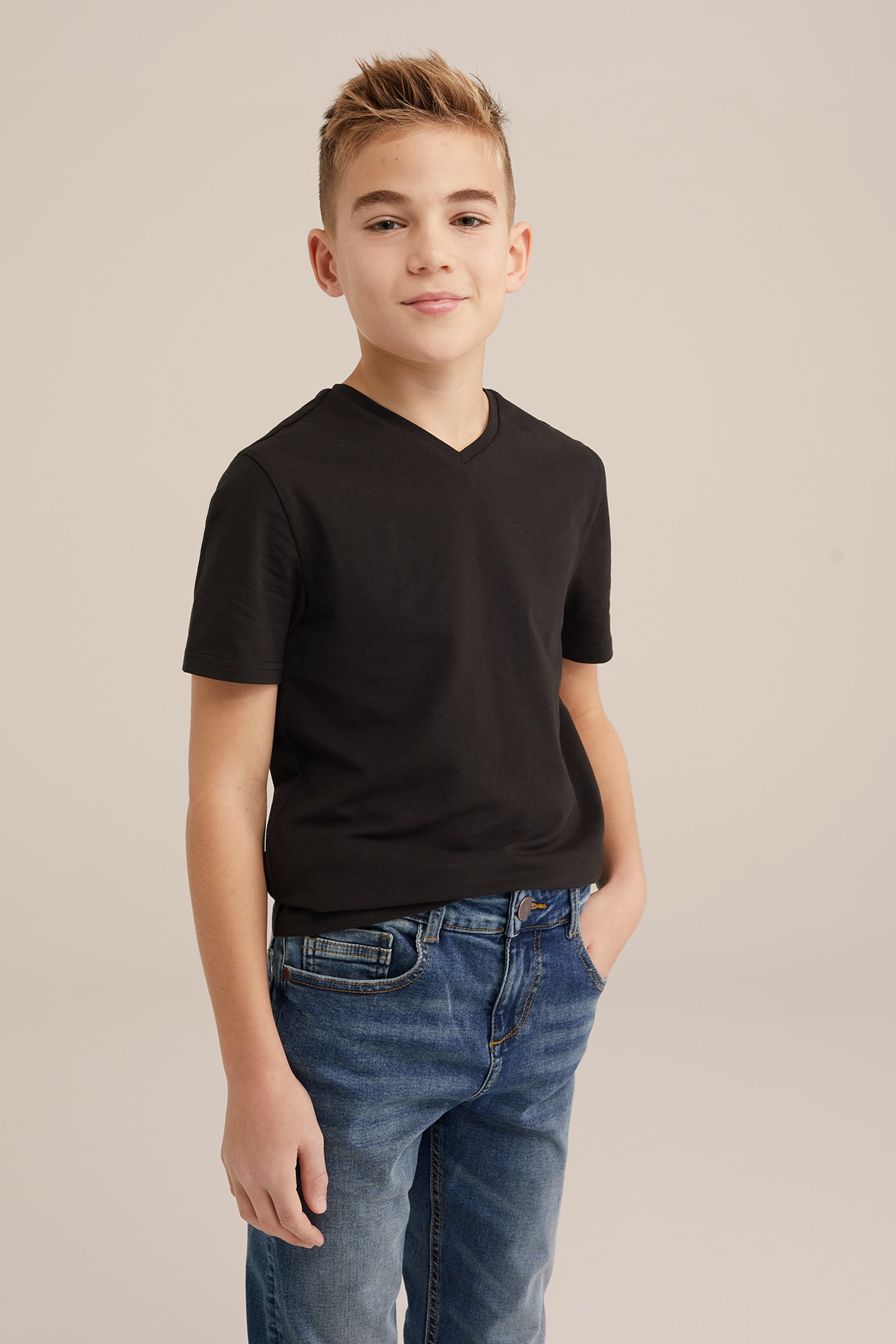 Jongens basic T-shirt met V-hals, 2-pack WE Fashion Zwart
