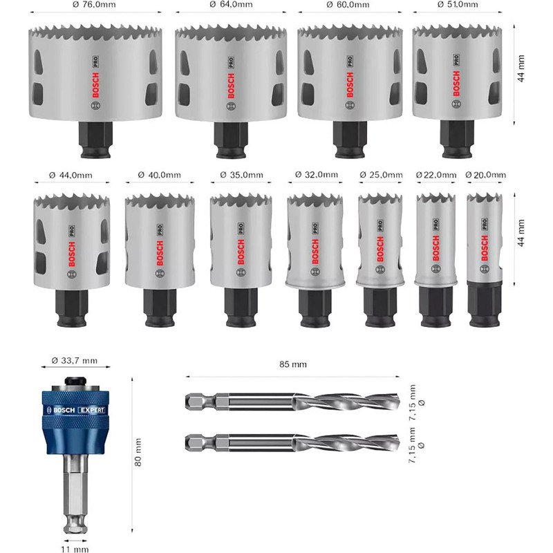 Coffret de scies trépans Bosch PRO Multi Matière PC Plus, 14 pièces