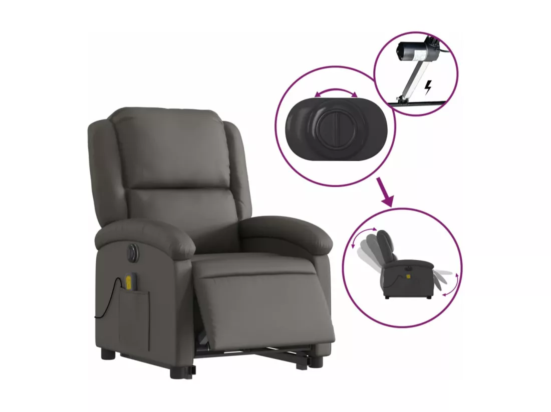 Fauteuil inclinable massant électrique gris cuir véritable