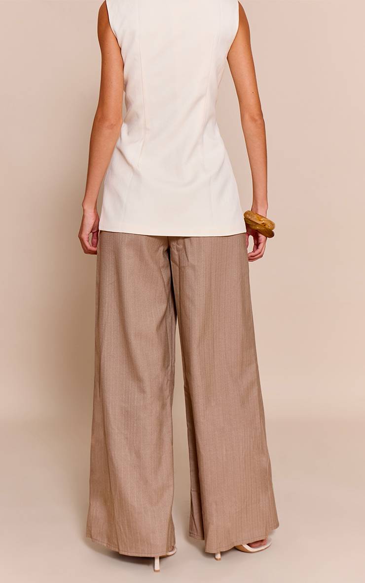 Taupe Pantalon Droit Ajusté À Fines Rayures En Tissu Tissé Premium