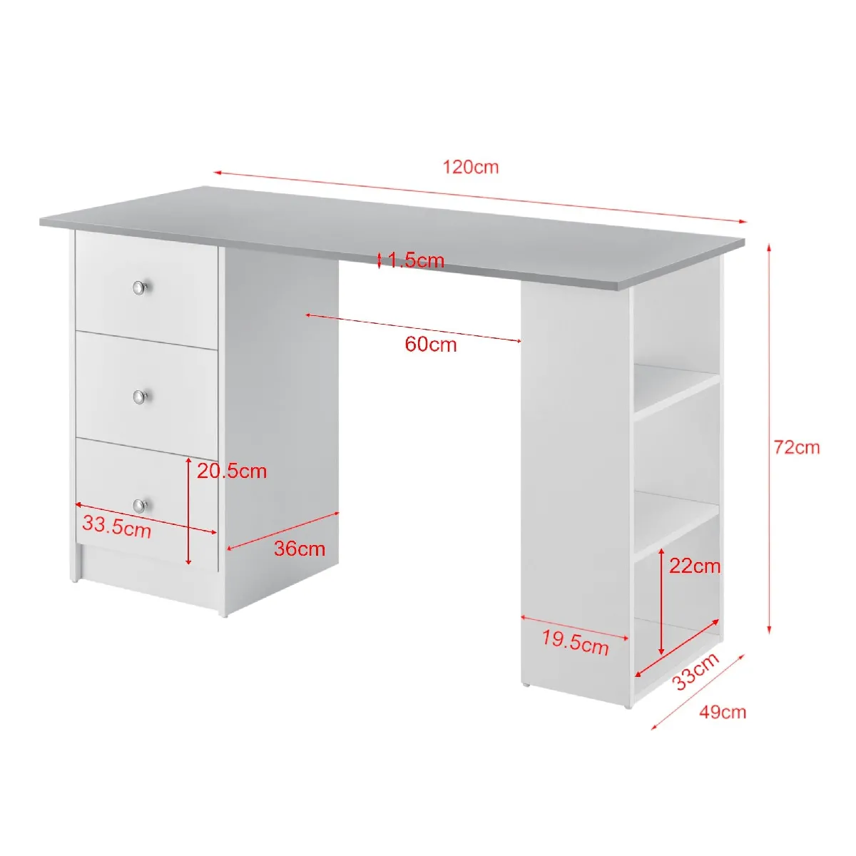 Helloshop26 Bureau avec 3 tiroirs 120 cm bois mélaminé blanc et gris