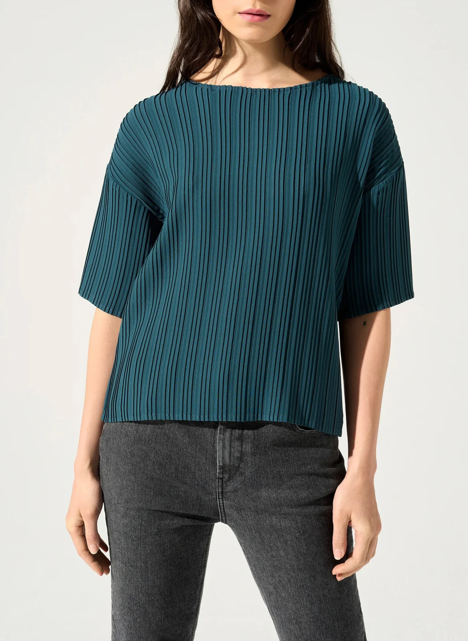 Blouse col rond plissé | Bleu