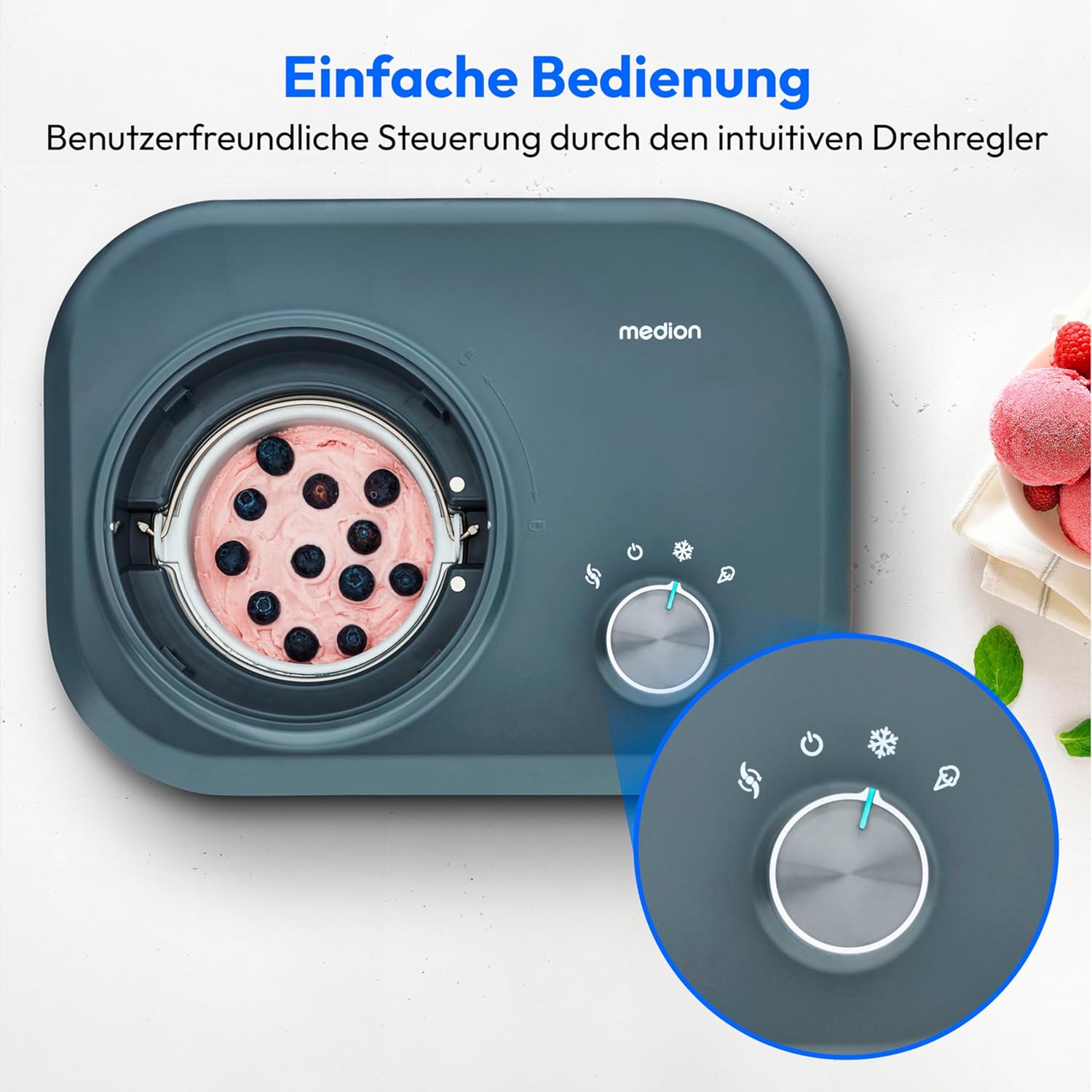 MEDION Eismaschine mit Kompressor (selbstkühlend, geeignet für die Zubereitung von Eiscreme, Frozen Yoghurt & Sorbet, 1 Liter, 100 Watt, Aluminium Eisbehälter, MD 10169)