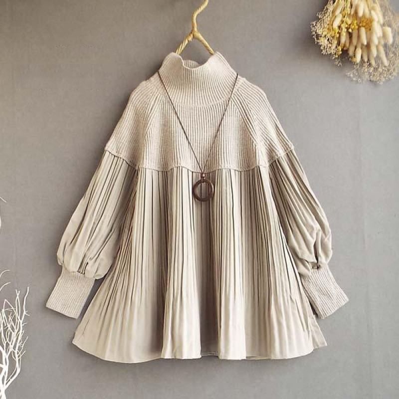 YARU - Blouse met lange mouwen en coltrui, effen gebreid paneel en plooien
