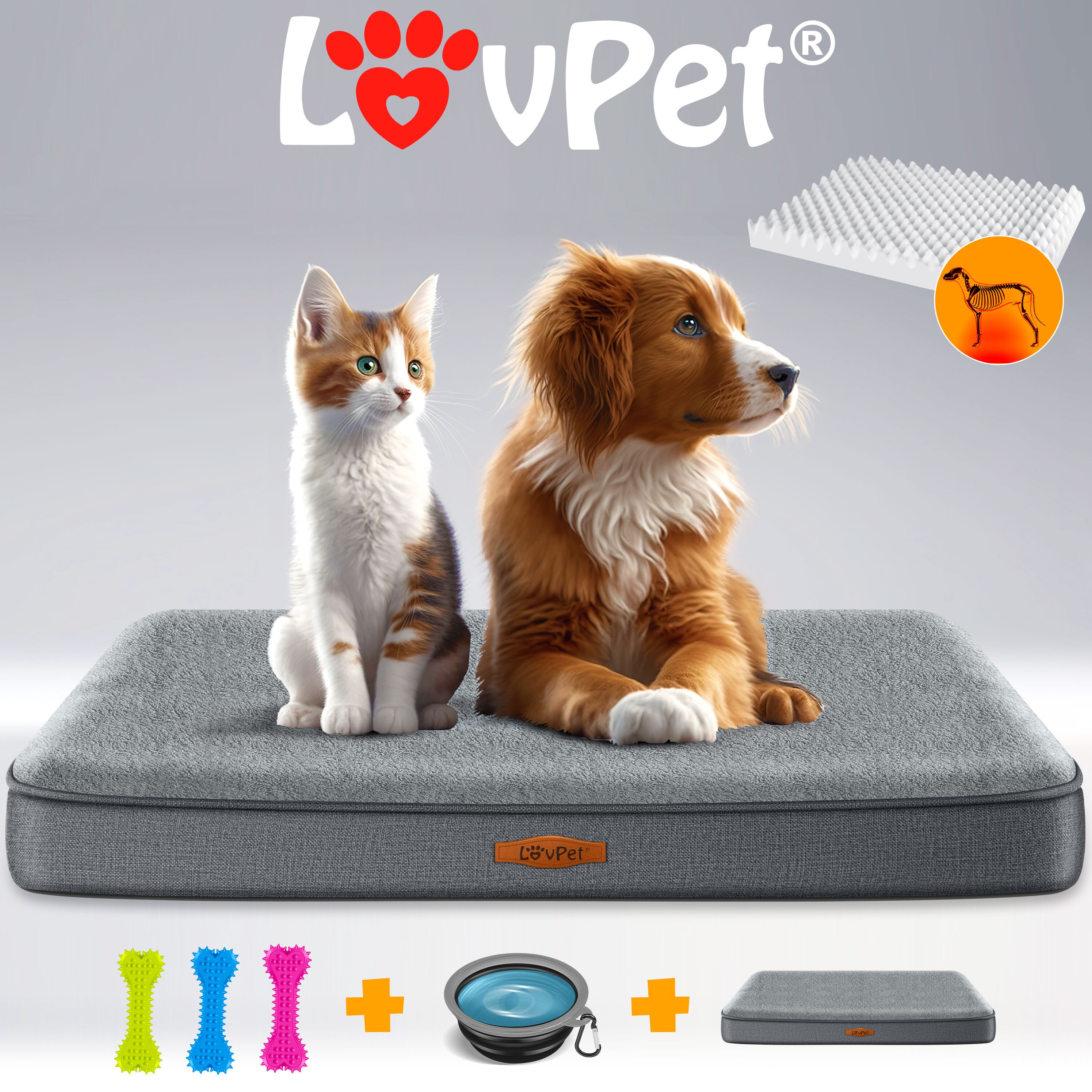 LovPet® Hundebett orthopädisches Hundekissen Hundekorb Cookie, Inkl. Napf + 3X Kauknochen, Hundesofa für Kleine, Mittelgroße & Große Hunde, Bezug abnehmbar und waschbar