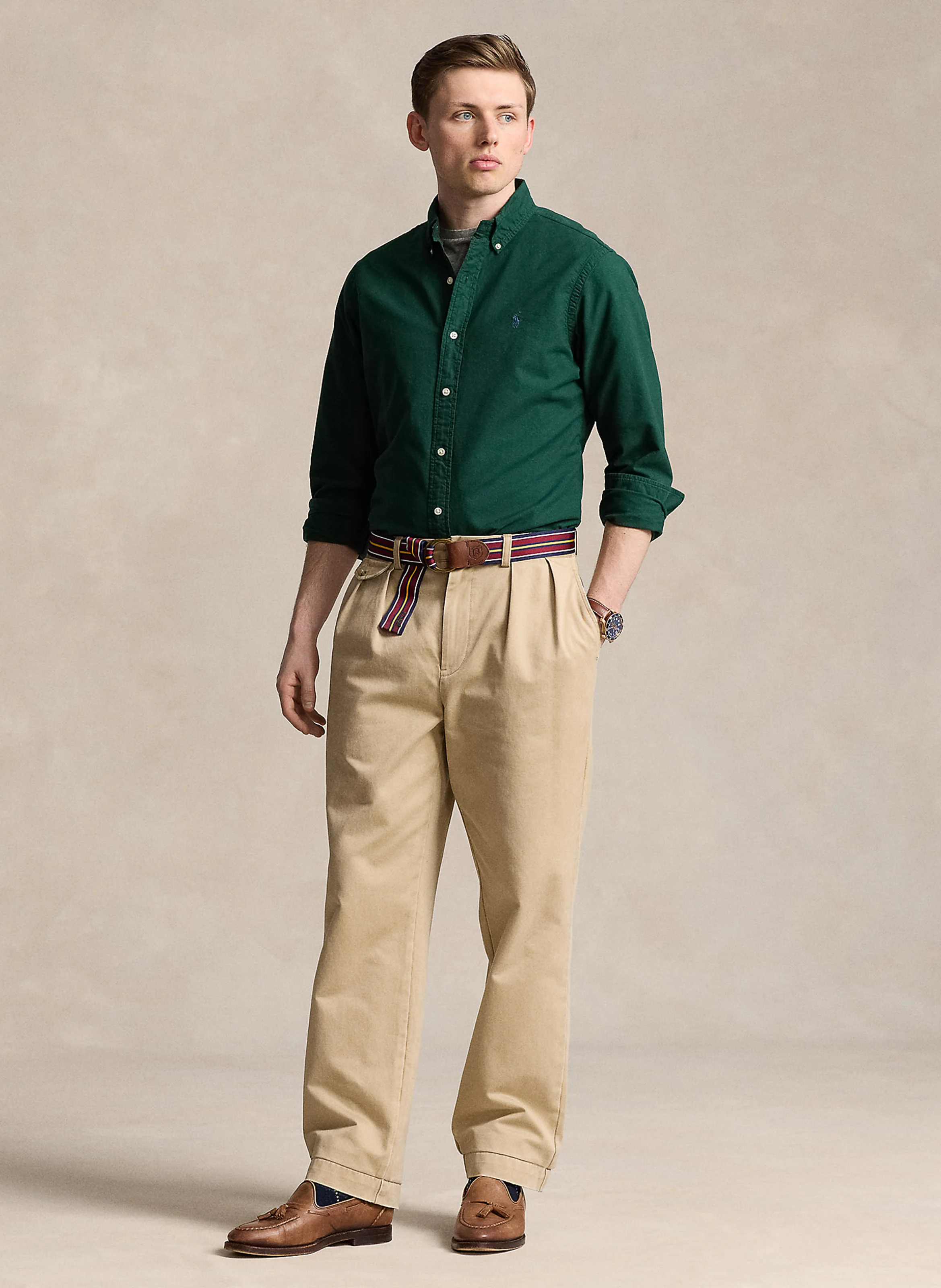Chemise col américain slim-fit en coton | Vert