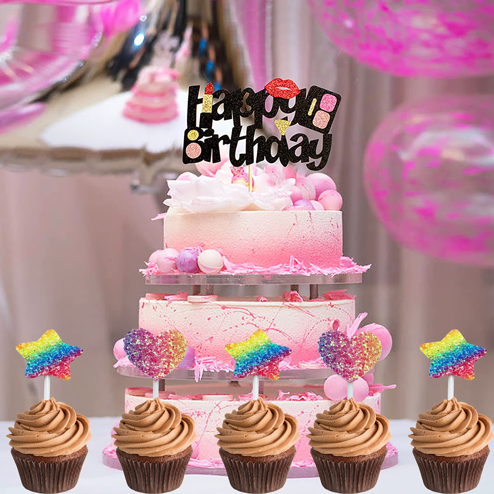 Kuchenstecker Happy Birthday Lippenstift Glitzer Tortenstecker Topper Dekoration für Torten / Kuchen - Schwarz