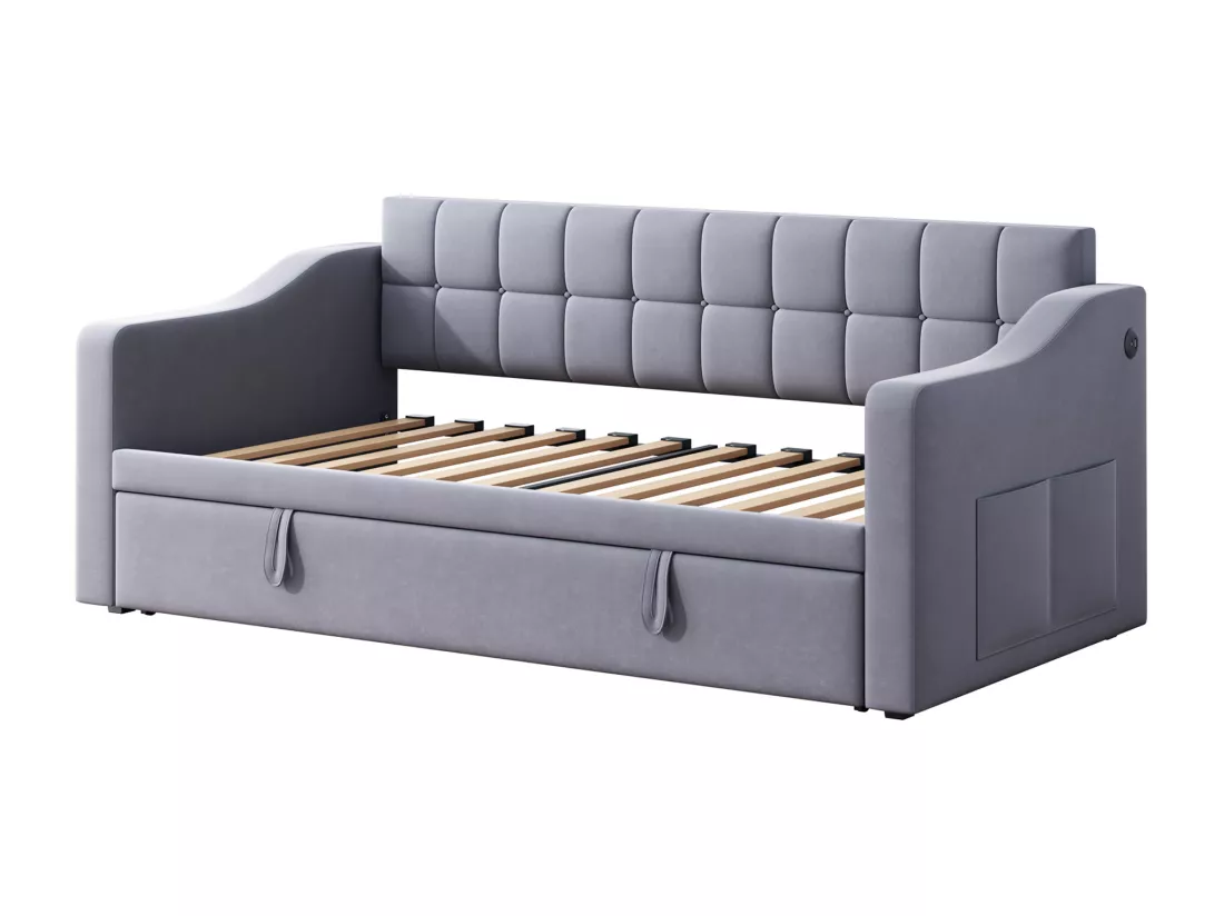 Canapé-lit capitonné 90/180x190 cm - Velours - Avec sommier - Avec housse de rangement - Gris (sans matelas)