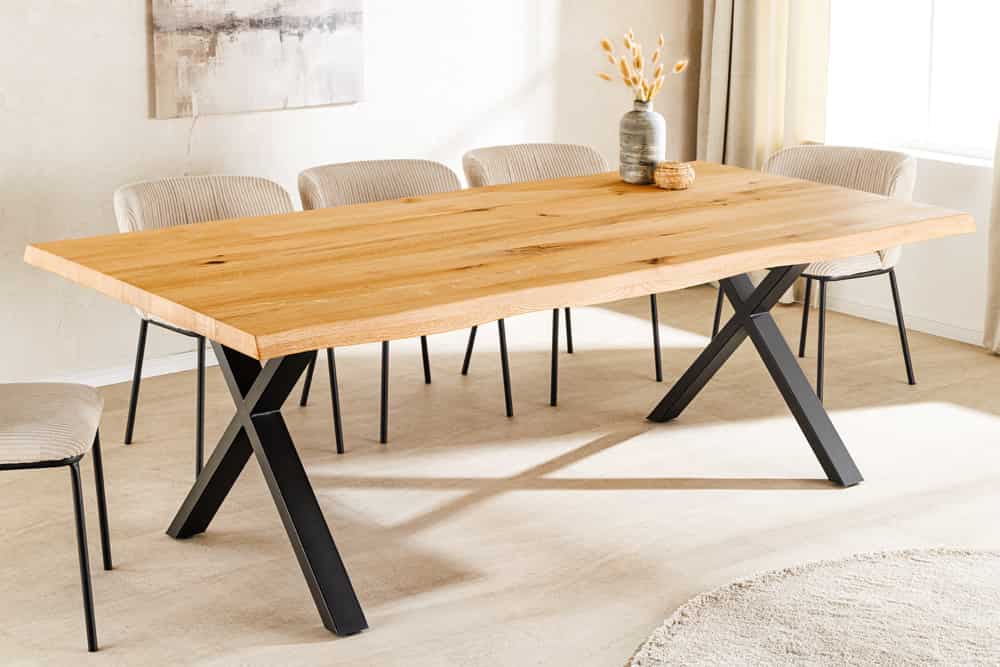 Massivholz Esstisch WILD OAK 200cm natur schwarz Wildeiche Baumkante geölt X-Gestell