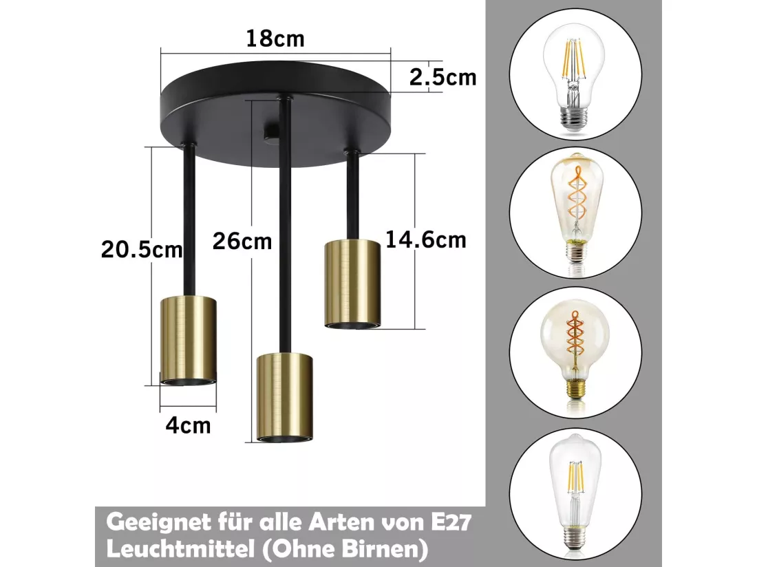 NETTLIFE Plafonnier 3 Spots E27 Suspendu Vintage Noir Or avec Lustre Industriel Moderne pour Salle à Manger Cuisine Couloir Salon Bar, Max. 25w