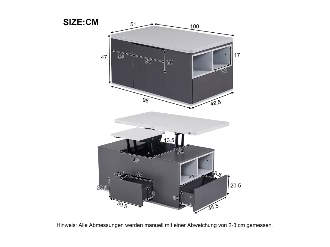 Table basse - plateau relevable - 2 niches & 3 tiroirs - bois panneaux de particules - gris