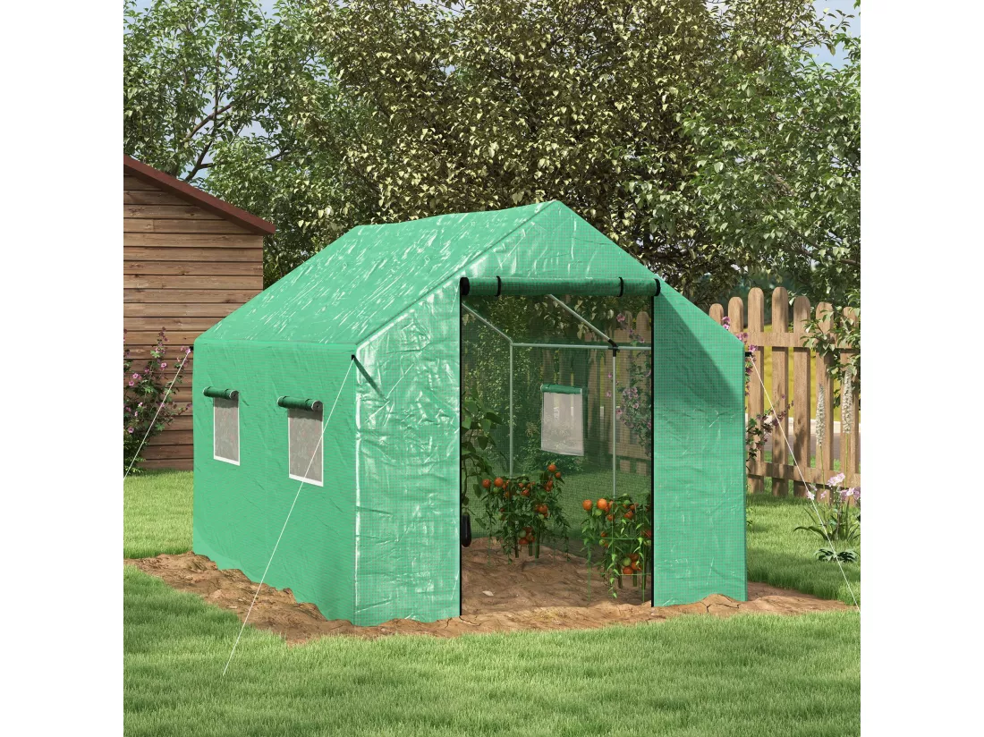 Serre de jardin tunnel 6 m² porte 4 fenêtres acier galvanisé PE vert