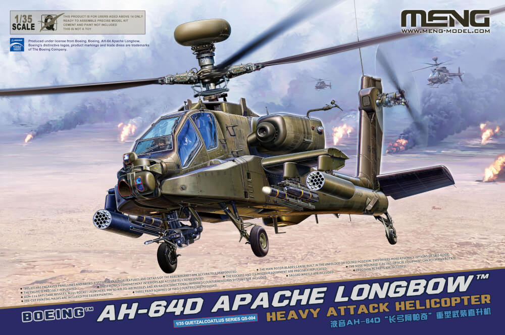 MENG 1/35 AH-64D Apache. Plastikmodellbausatz eines US-amerikanischen Kampfhubschraubers.