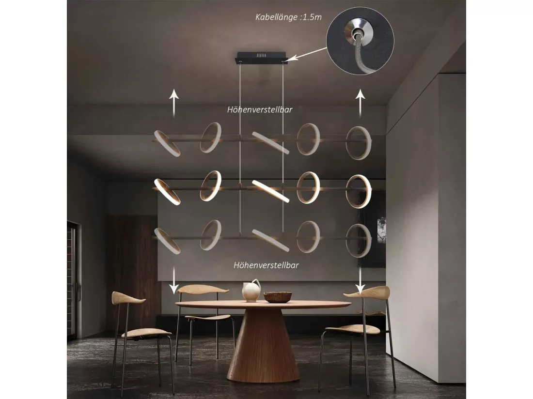 NETTLIFE Suspension LED Moderne Noir Diam.106CM Anneau Design Dimmable avec Télécommande 42W Métal Hauteur Réglable pour Salle à Manger Salon
