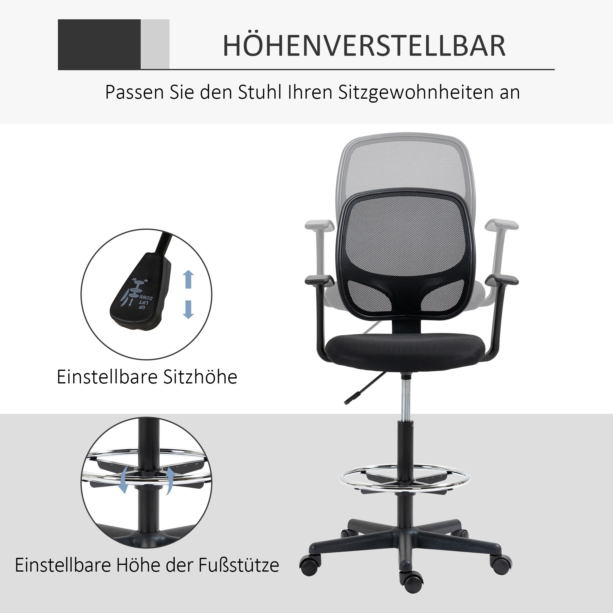 Vinsetto Bürostuhl mit Fußring schwarz 60L x 56B x 132H cm