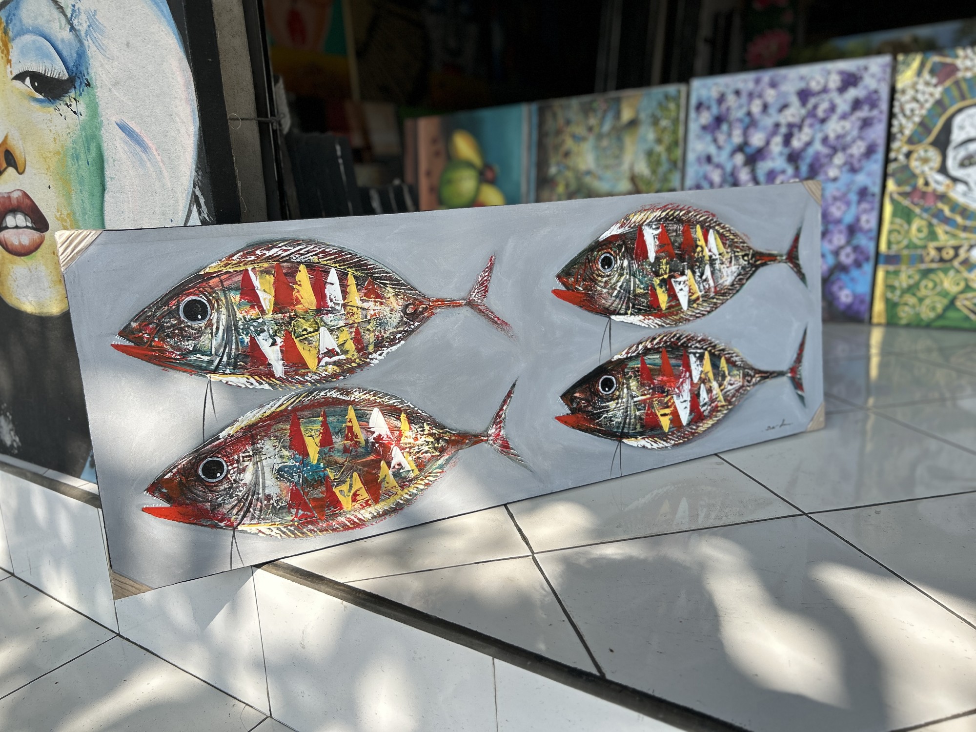 Gemälde 'Fische', Acryl auf Leinwand, B 100 cm, H 45 cm von fischer's lagerhaus