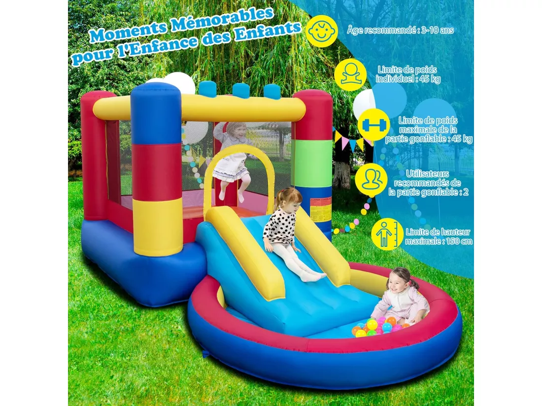 4 en 1 Château Gonflable Enfants avec Toboggan et Souffleur 480W, Maison de Rebond Gonflable avec Piscine et 50 Boules, Thème Puzzle, Parc Aquatique, Charge Max 90kg, 3 Ans+