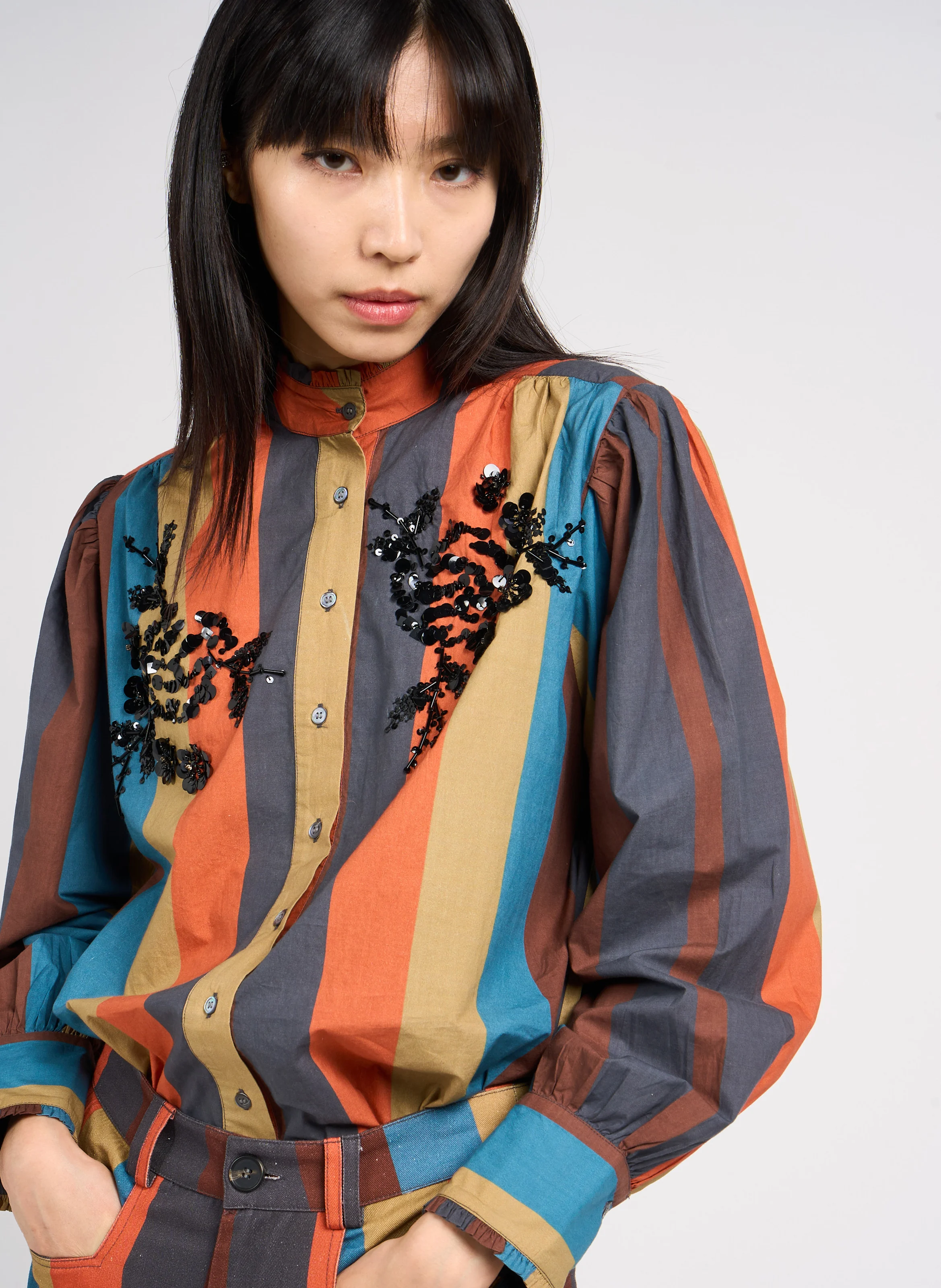 HAPPY - Chemise col montant rayée en coton | Orange