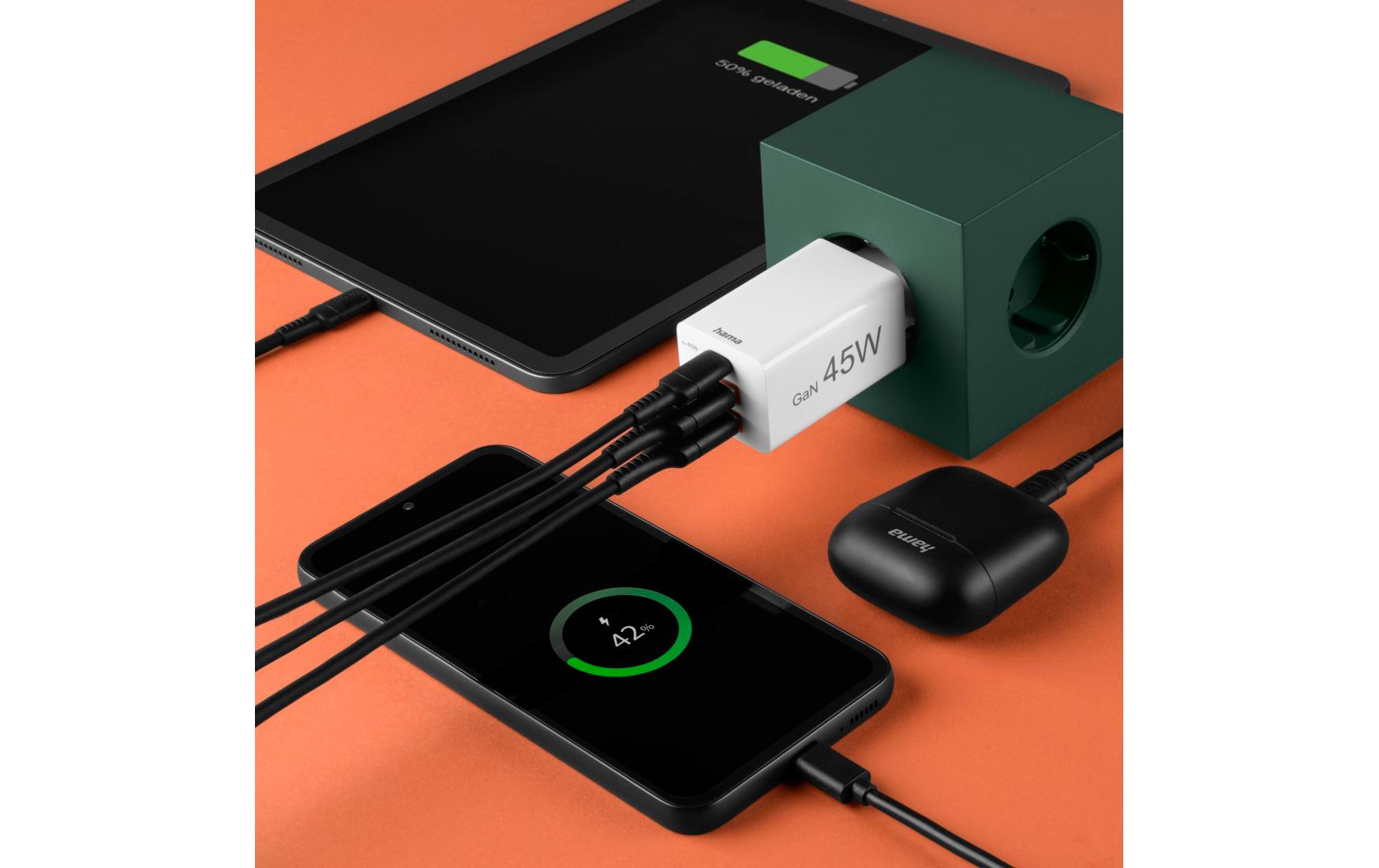 USB-Wandladegerät Gan charger 2x USB-A USB-C 45 W WeissSchnellladegerät mit 1x USB-C und 2x USB-A