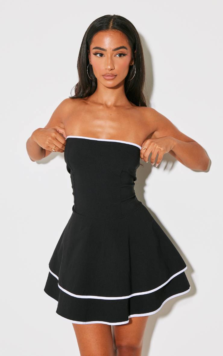 Noir Robe Droite Étagée À Contraste En Tissu Extensible Petite