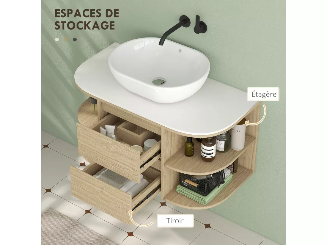 Meuble sous lavabo suspendu, meuble sous vasque, meuble salle de bain mural avec tiroirs à fermeture douce et étagères - dim. 90l x 45P x 46H cm, marron