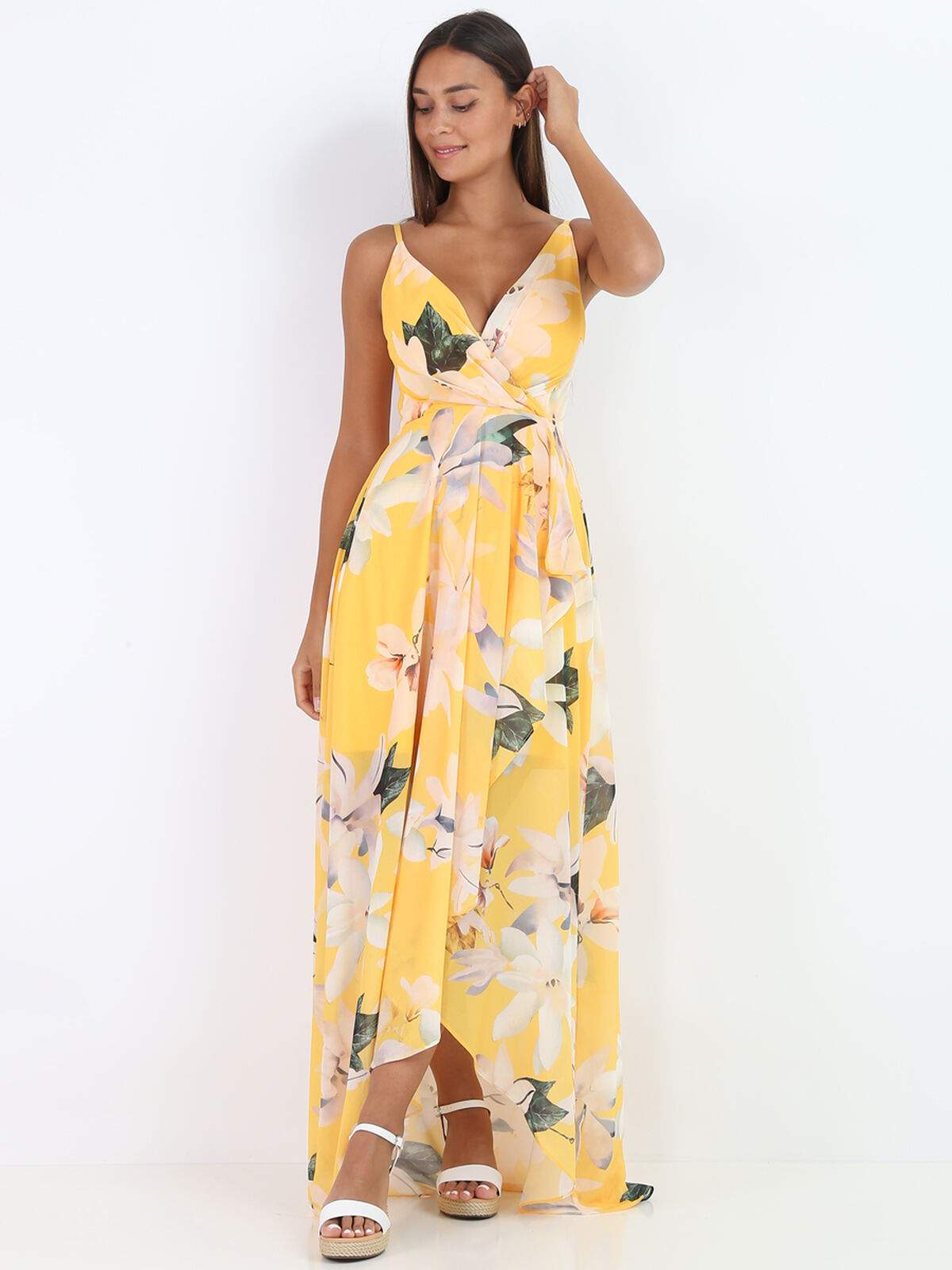 Robe longue fendue asymétrique à fleurs- Jaune