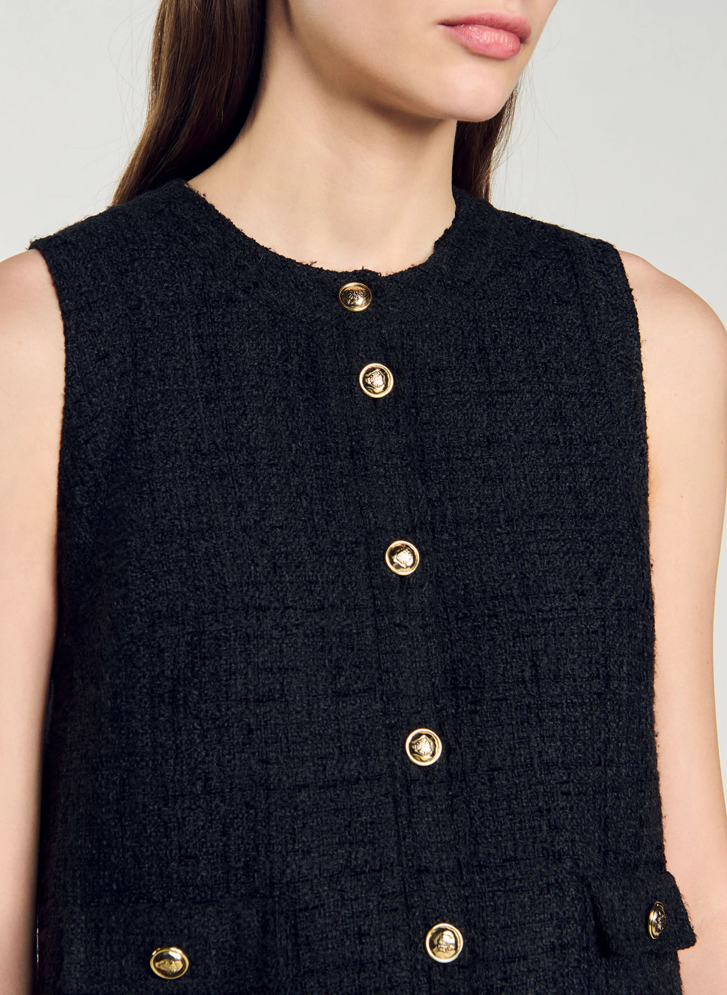 Roe courte col rond en tweed | Noir