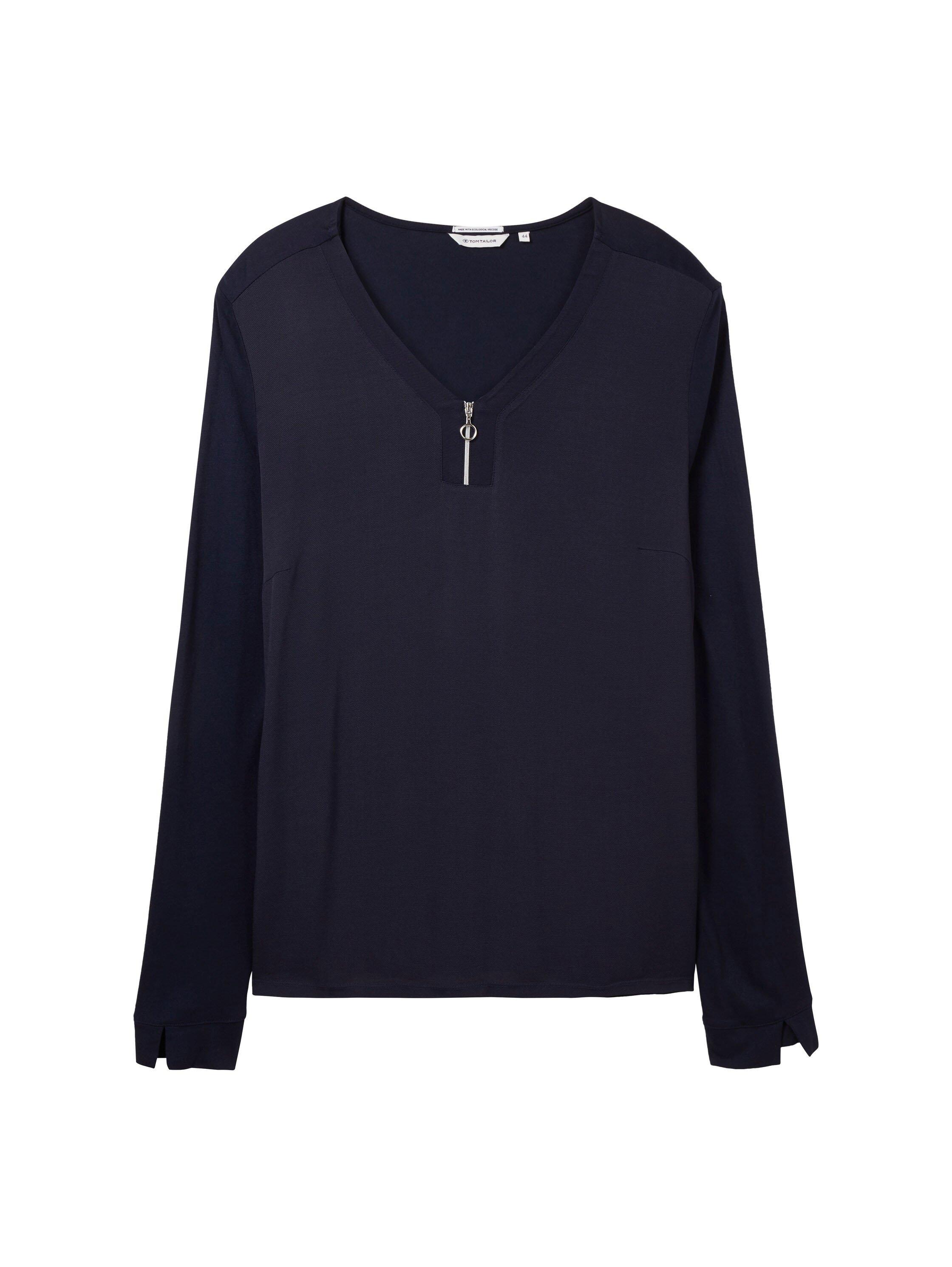 Langarmshirt mit Zipper am V-Ausschnitt