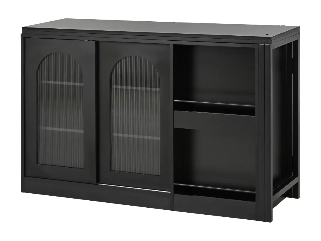 Ilot central de cuisine - avec plateau escamotable pivotante - avec portes vitrées et espace de rangement - MDF - Noir
