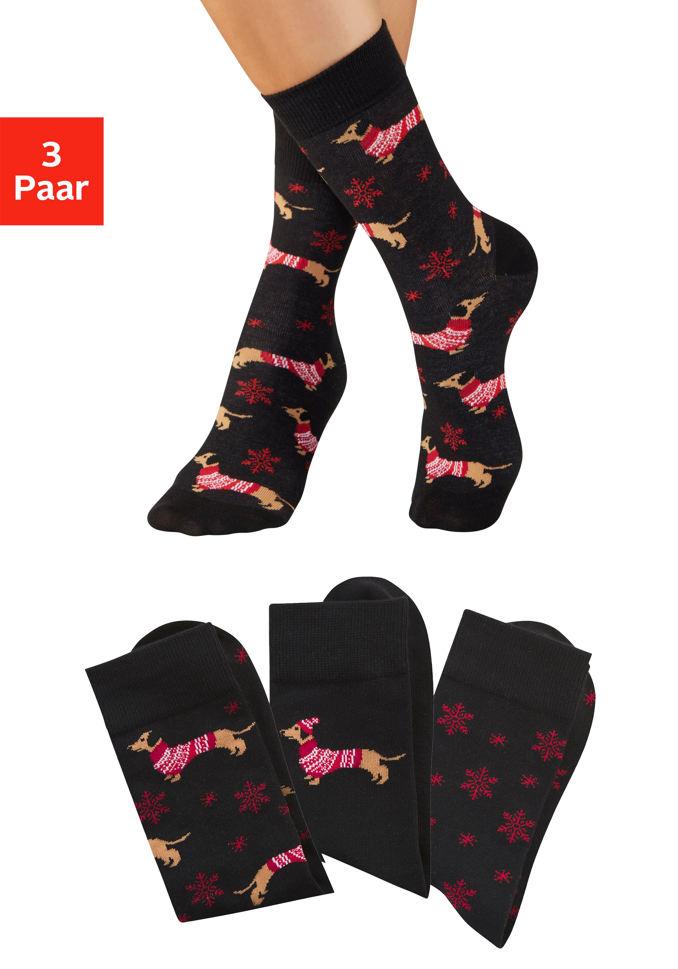 LASCANA Socken Packung, 3 Paar tlg. mit weihnachtlichem Dackelmotiv