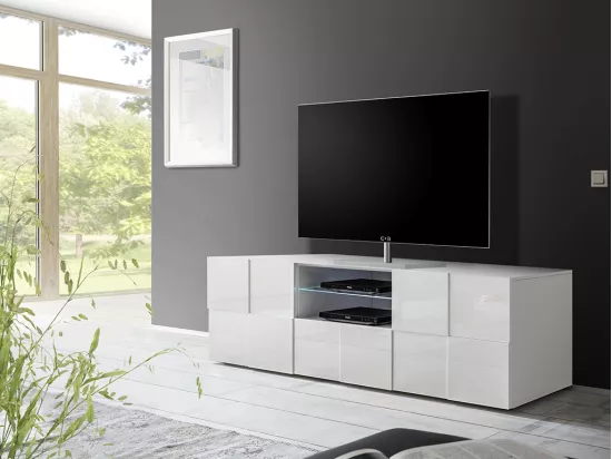 Meuble TV CALISTO - LEDs - 2 portes & 1 tiroir - Blanc laqué