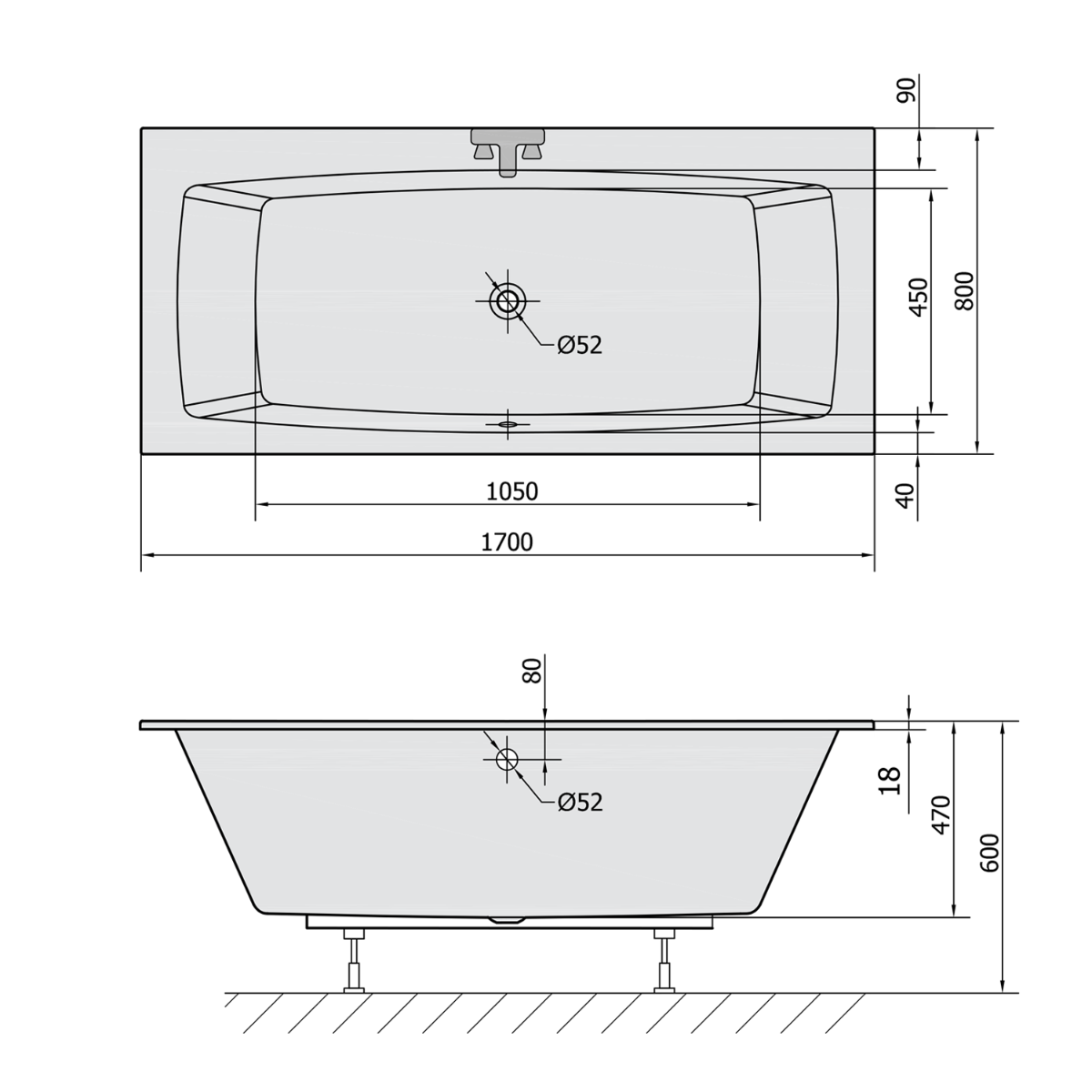 Polysan Kvadra Slim ligbad 170x80x47cm wit