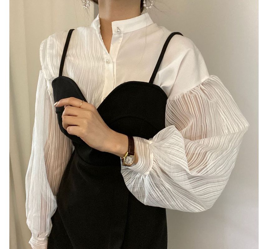 Brigitte - Blouse met lange mouwen, col, effen doorschijnend paneel en knoopjes